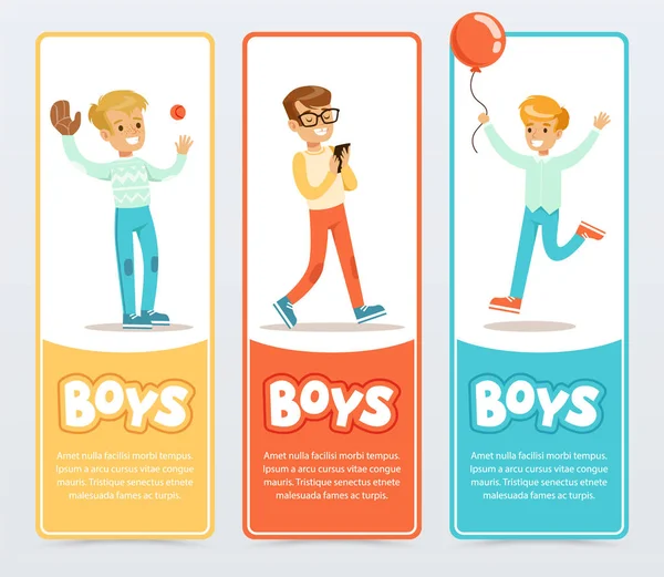 Jongens in verschillende situaties, jongens banners voor reclame brochure, promotiebrochure poster, presentatie vlakke vectorelement voor website of mobiele app — Stockvector