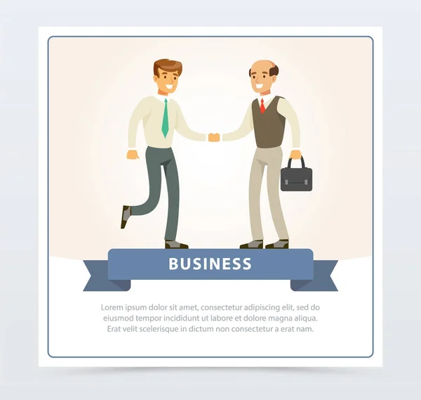 Business people shaking hands during a meeting, business banner for advertising brochure, promotional leaflet poster, presentation flat vector element for website or mobile app — Stock Vector