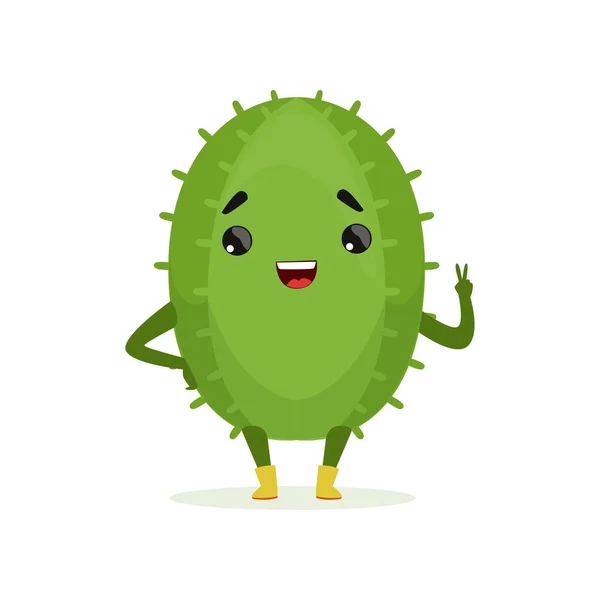 Cute smiling cactus, funny plant character cartoon vector Illustration — Stock Vector