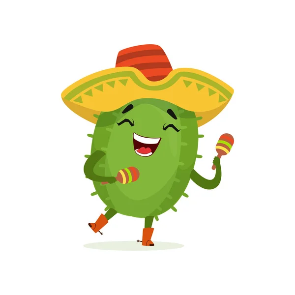 Lindo cactus mexicano, personaje divertido de la planta en sombrero sombrero sacudiendo maracas vector de dibujos animados Ilustración — Vector de stock