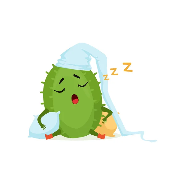 Cute kaktus dalam topi putih tidur dan mendengkur, lucu karakter tanaman vektor kartun Ilustrasi - Stok Vektor