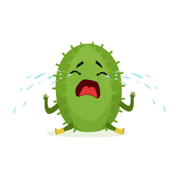 Cute upset cactus sitting on the floor and crying, funny plant character cartoon vector Illustration — Stock Vector