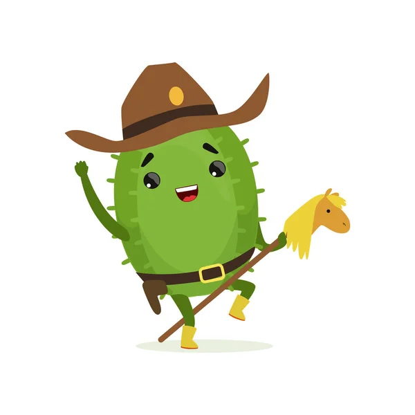 Aranyos kaktusz cowboy, vicces növény karakter lovaglás játék ló, rajzfilm vektoros illusztráció — Stock Vector