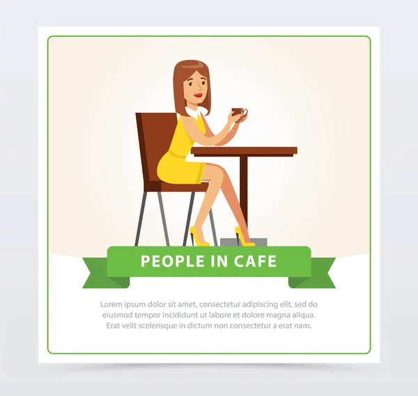 Mooie vrouw zitten aan de tafel drinken koffie, mensen in café banner, platte vector-elementen voor website of mobiele app — Stockvector