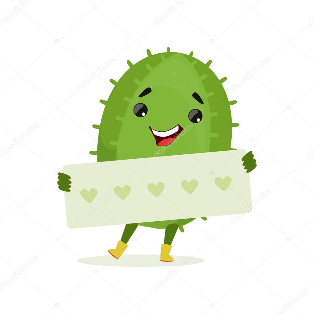 Cute smiling cactus holding banner with hearts, funny plant character cartoon vector Illustration