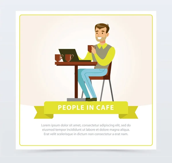 Lächelnder Mann, der mit Laptop am Tisch sitzt und Kaffee trinkt, Menschen im Café-Banner, flache Vektorelemente für Website oder mobile App — Stockvektor