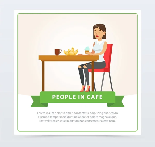Junge Frau isst und trinkt Kaffee, während sie am Tisch sitzt, Menschen im Café-Banner, flache Vektorelemente für Website oder mobile App — Stockvektor