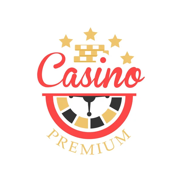 Logo del casinò, distintivo o emblema del gioco d'azzardo vintage colorato con il vettore del segno della roulette Illustrazione — Vettoriale Stock