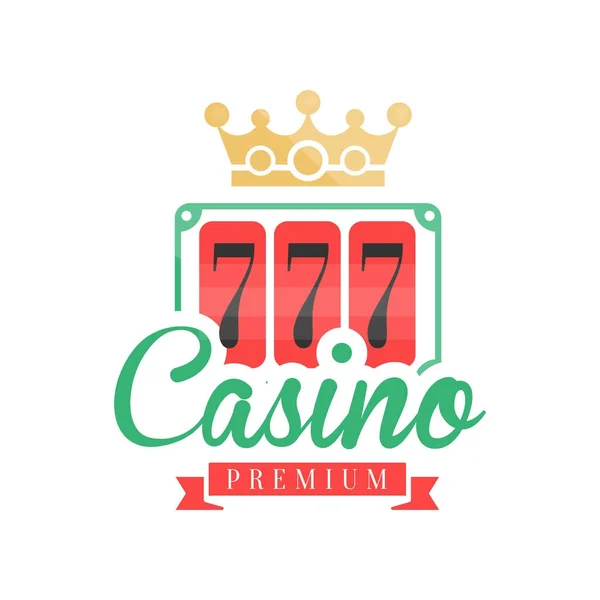 Casino logo premium, colorato gioco d'azzardo emblema vintage con il numero fortunato 777 e corona vettore Illustrazione — Vettoriale Stock