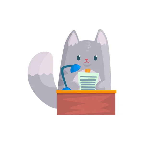 Cute businessman cat speaking from the rostrum, funny animal character cartoon vector Illustration — Stock Vector