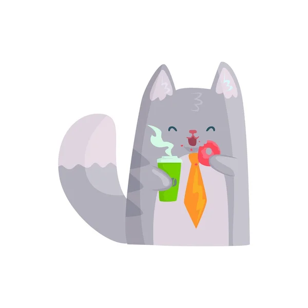 Lindo hombre de negocios gato sosteniendo taza de café y donut, divertido animal personaje de dibujos animados vector Illustratio — Vector de stock
