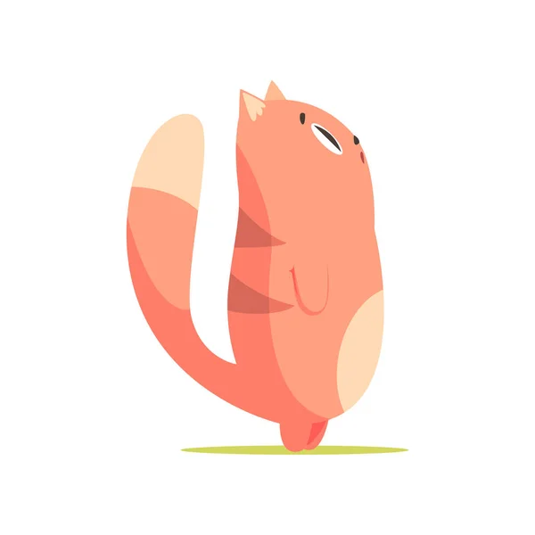 Funny red cat standing up and looking up, cute cartoon animal character vector Illustration — Stock Vector