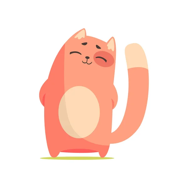 彼の背中、かわいい漫画動物文字ベクトル図の背後にある折り返されている自分の足で立って面白い幸せな赤猫 — ストックベクタ