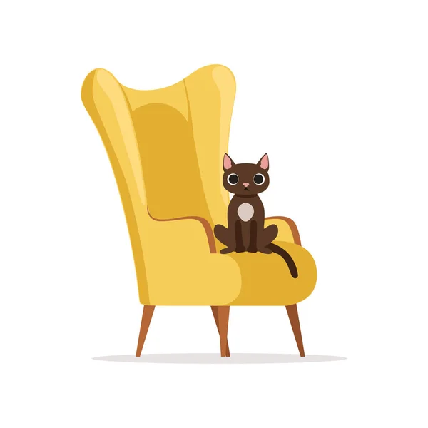 Leuke grappige kat, zittend op een retro geel Leuningstoel, home huisdier rusten vector illustratie — Stockvector