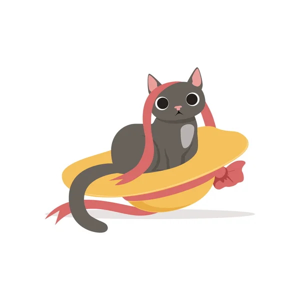 Lindo gato gris divertido jugando con sombrero de paja y cinta vector Ilustración — Vector de stock