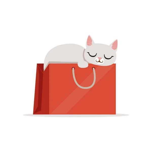 Adorável gato branco dormindo em um saco de compras vermelho, animal de estimação em casa descansando desenho animado vetor Ilustração — Vetor de Stock