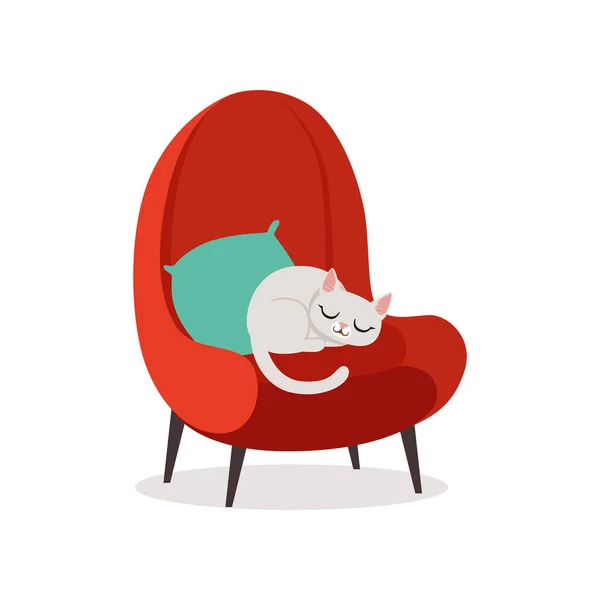 Charmant chat blanc dormant sur un fauteuil rouge, animal domestique reposant dessin animé vecteur Illustration — Image vectorielle