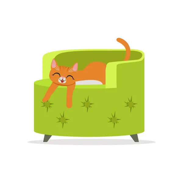 Grappige rode kat slapen op een groene Leuningstoel, home huisdier rusten vector illustratie — Stockvector