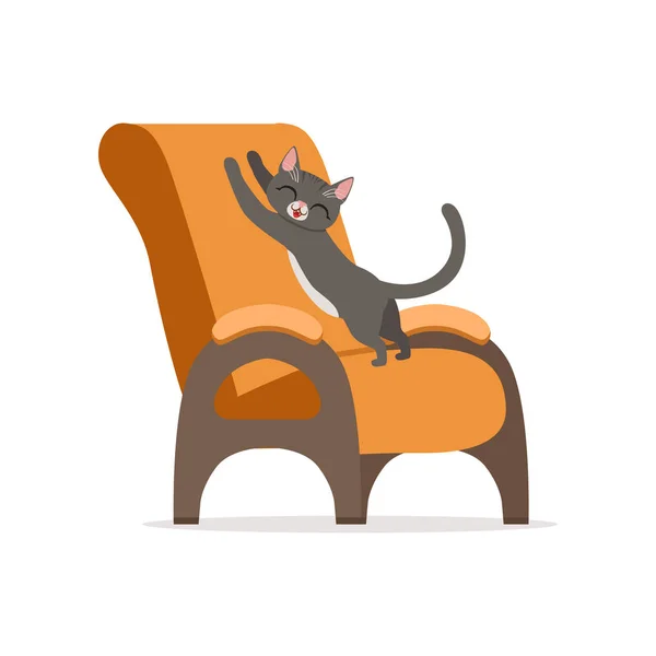 Funny red cat awaking and stretching its body on an orange armchair, home pet resting vector Illustration — Stock Vector