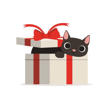 Güzel komik siyah kedi hediye kutusu vektör çizim