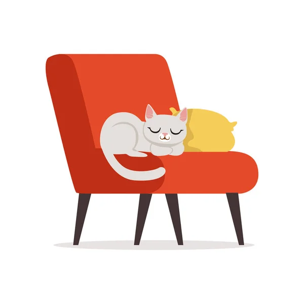 Mooie witte kat slaapt op een kussen op een rode retro Leuningstoel, home huisdier rusten vector illustratie — Stockvector