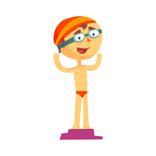 Cheerful cartoon character of swimmer on starting block — Stock Vector