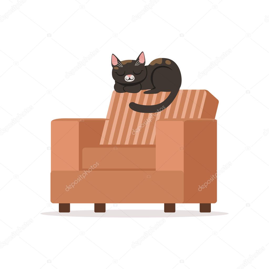 Cute black red cat sleeping on a brown retro armchair, home pet resting vector Illustration
