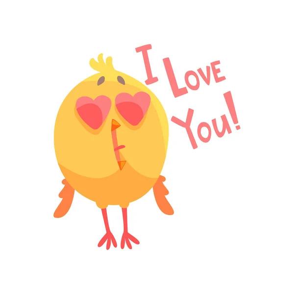 Te amo, divertido cómic de dibujos animados de pollo con forma de corazón ojos vector Ilustración — Vector de stock