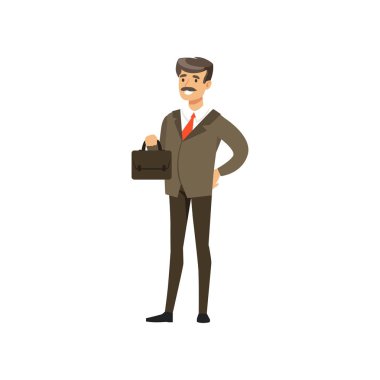 Evrak Çantası'nı vektör çizim ile takım ayakta olgun başarılı işadamı karakter gülümseyen