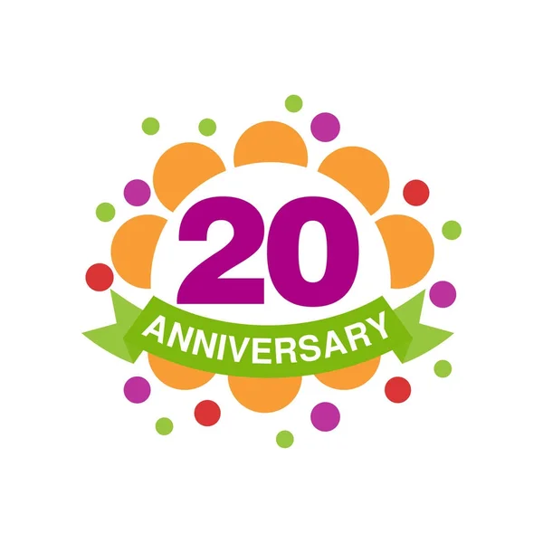 20 周年記念ロゴのデザイン、リボン ベクトル図と幸せな休日お祭りお祝いエンブレムの色 — ストックベクタ