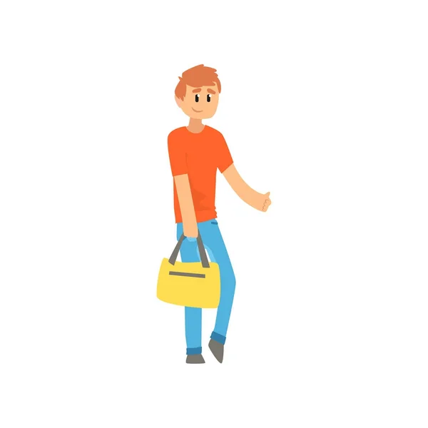 Человек-путешественник с сумкой, автостопщик, пытающийся остановить машину на шоссе вручную, путешествующий автостопом по вектору мультфильмов Иллюстрация — стоковый вектор