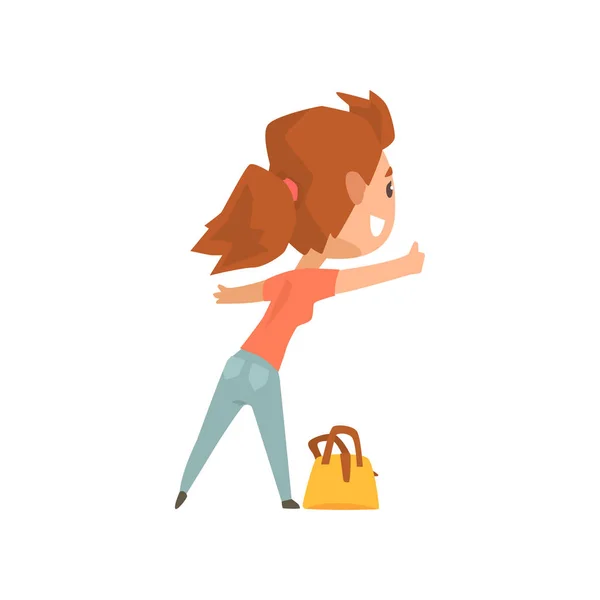 Мультфильм женщина-путешественница автостопом с сумкой, девушка пытается остановить автомобиль на шоссе вручную, путешествуя на автостоп вектор Иллюстрация — стоковый вектор