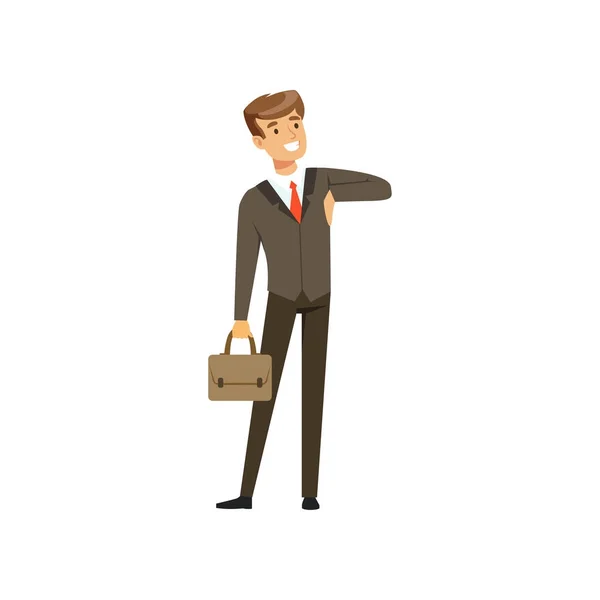 Улыбающийся успешный бизнесмен в костюме, стоящий с векторной иллюстрацией портфеля — стоковый вектор