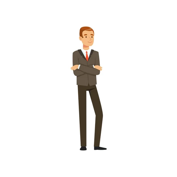 Успешный бизнесмен в костюме, стоящий со скрещенными руками векторной иллюстрацией — стоковый вектор