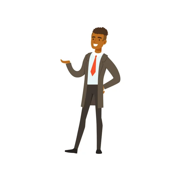 Sourire succès homme d'affaires africain personnage en costume vecteur Illustration — Image vectorielle