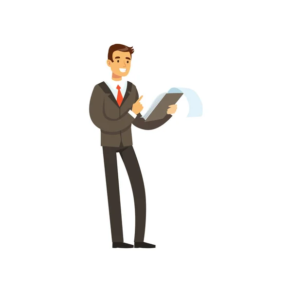 Усміхнений успішний персонаж бізнесмена в костюмі, що стоїть з буферами Векторні ілюстрації — стоковий вектор