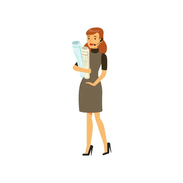 Geschäftsfrau Charakter in formaler Kleidung und Headset stehend mit Papierrollen Vektorillustration — Stockvektor