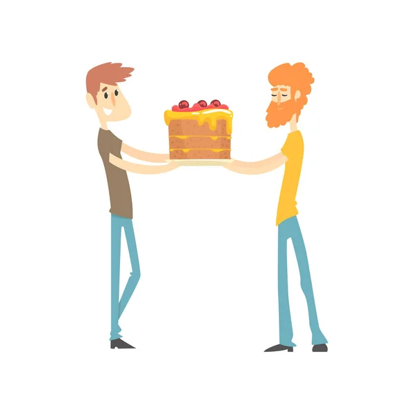 Two men holding festive cake cartoon vector Illustration — Stock Vector