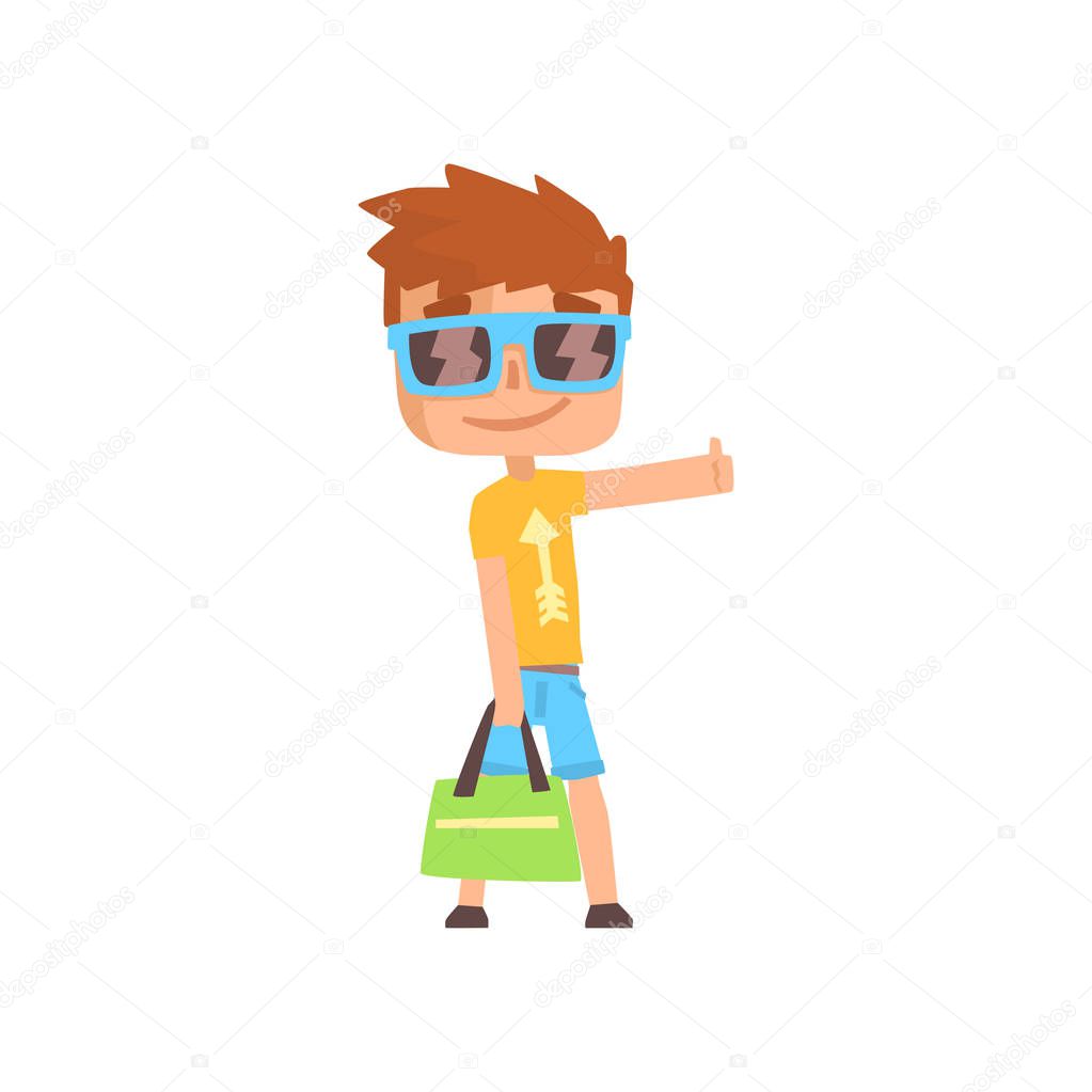 Young male hitchhiker traveling with bag, guy trying to stop a car on a highway by hand, travelling by autostop cartoon vector Illustration