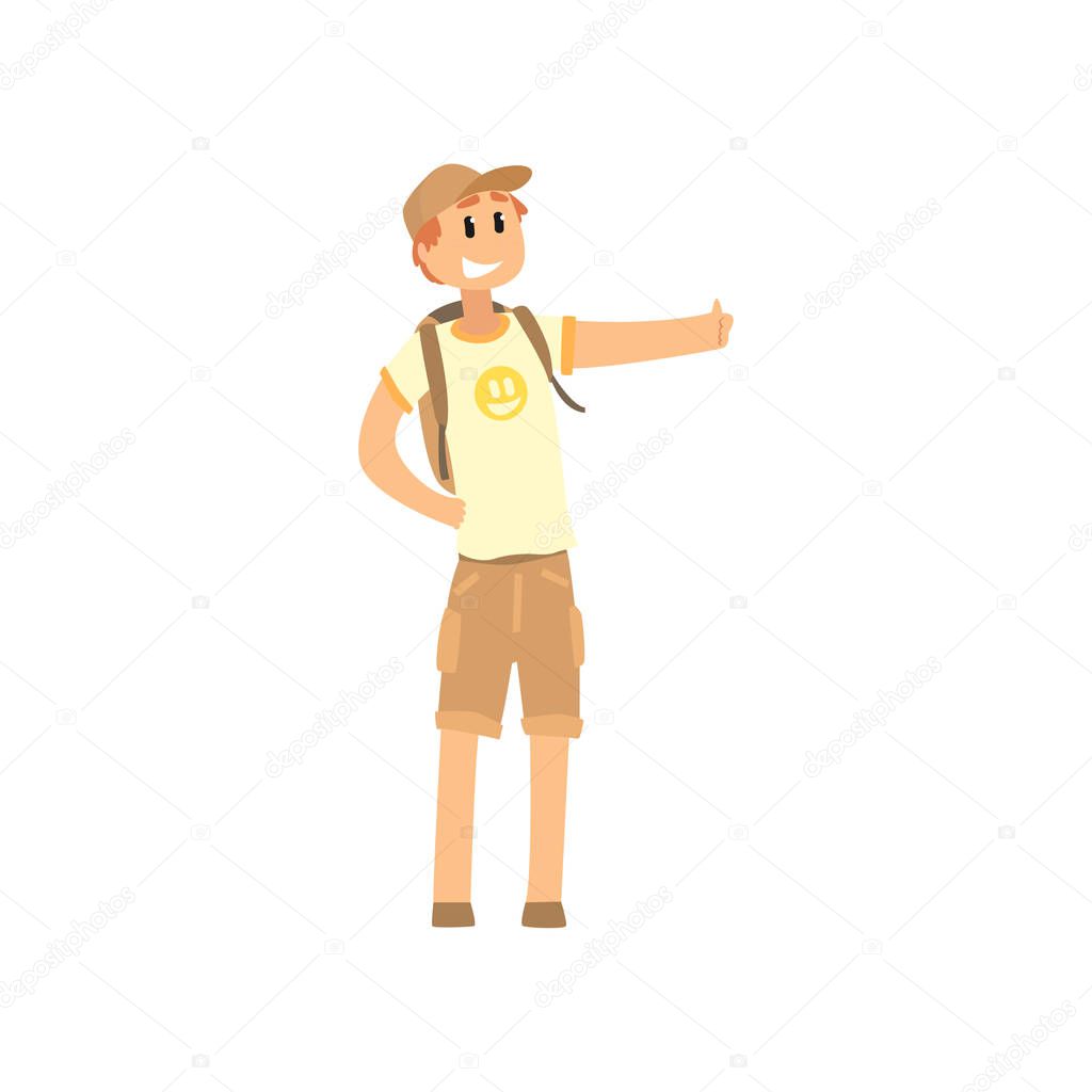 Young male hitchhiker traveling with backpack, man trying to stop a car on a highway by hand, travelling by autostop cartoon vector Illustration
