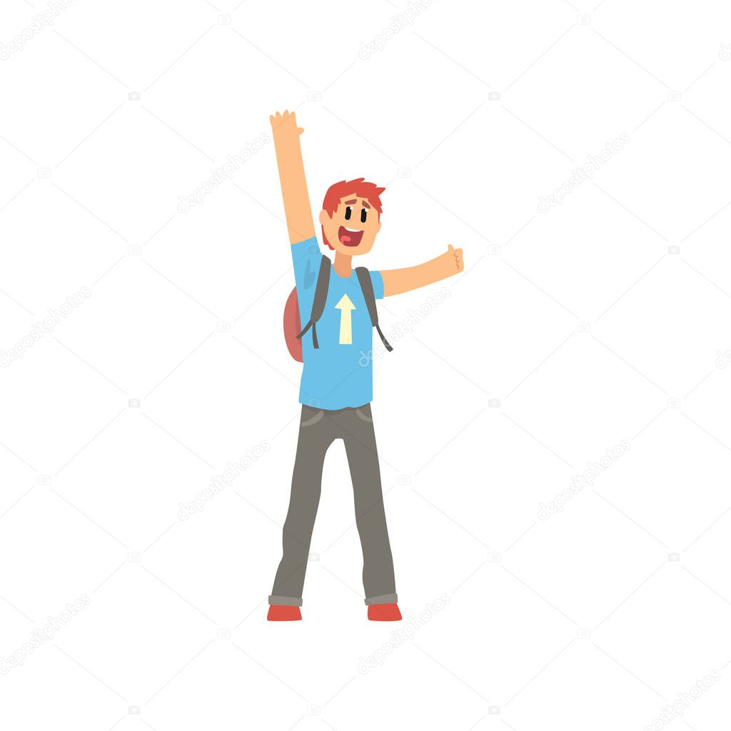 Young traveler man with backpack, hitchhiker man trying to stop a car on a highway by waving hands, travelling by autostop cartoon vector Illustration