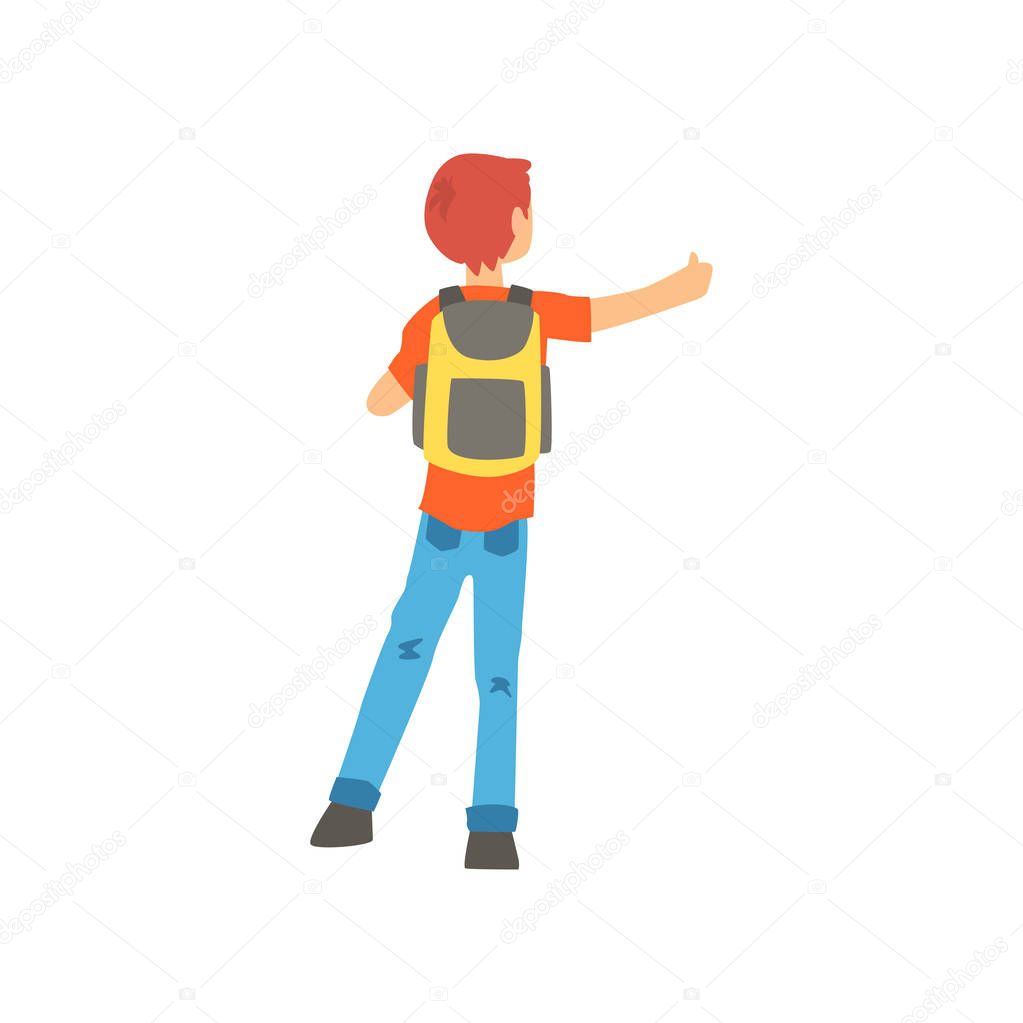 Young male hitchhiker traveling with backpack, man trying to stop a car on a highway by hand, back view, travelling by autostop cartoon vector Illustration