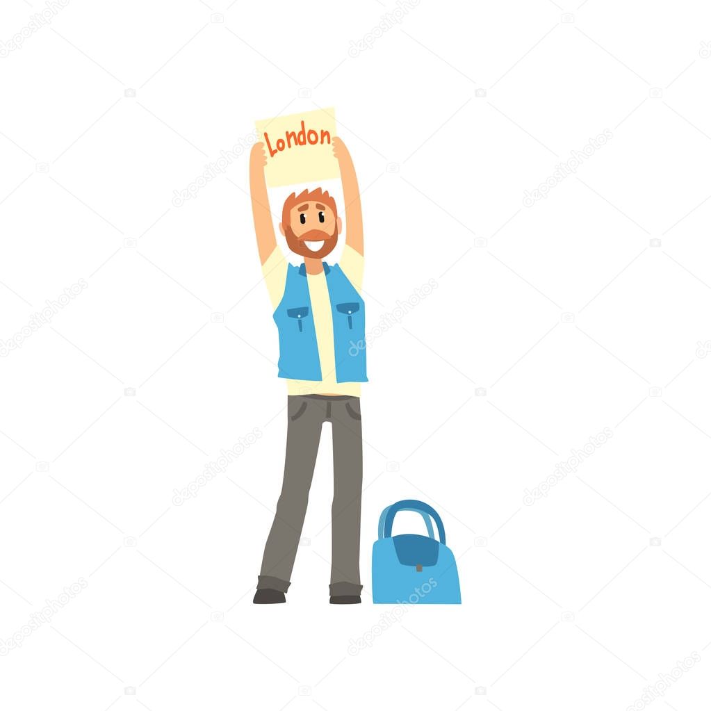 Cartoon traveler man hitchhiker holding banner with the inscription London, man trying to stop a car on a highway, travelling by autostop vector Illustration