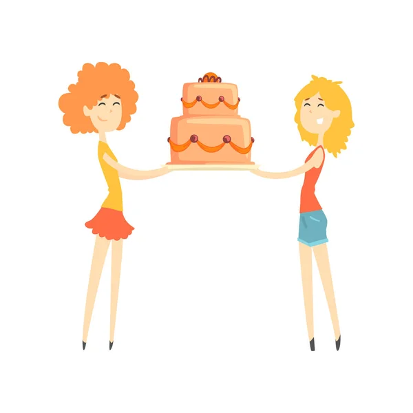 Two smiling young women holding festive cake cartoon vector Illustration — Stock Vector