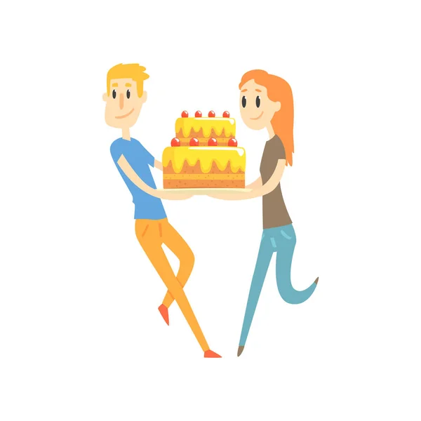 Молодая пара проводит праздничный торт вектор иллюстрации карикатуры — стоковый вектор