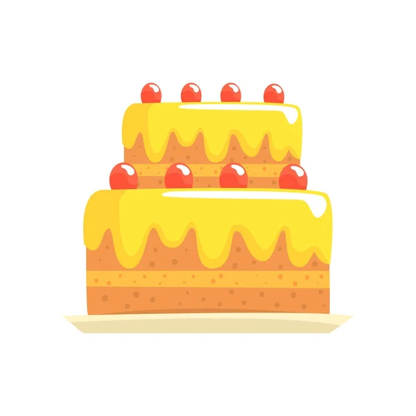 Happy birthday party ciasto z wiśniami, słodki deser kreskówka wektor ilustracja — Wektor stockowy