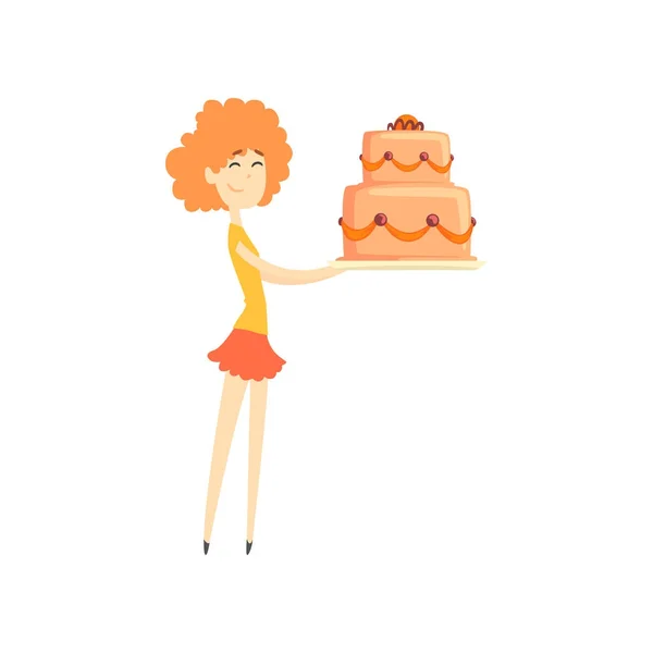 Sorrindo menina ruiva segurando grande bolo festivo desenho animado vetor Ilustração —  Vetores de Stock