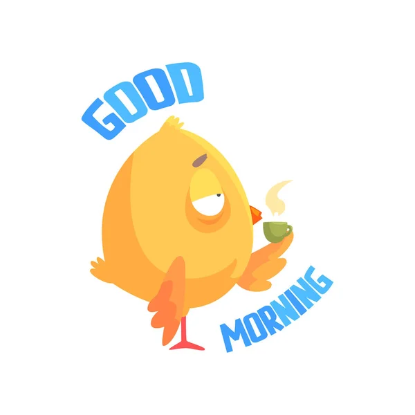 God morgon, rolig tecknad komiska kyckling dricka kaffe eller te vektor Illustration — Stock vektor