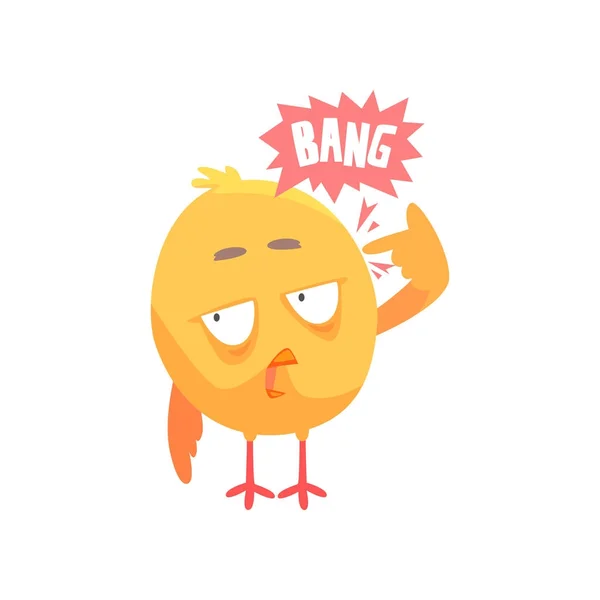 Grappige cartoon komische kip met zin Bang, shot gebaar vector illustratie tonen — Stockvector