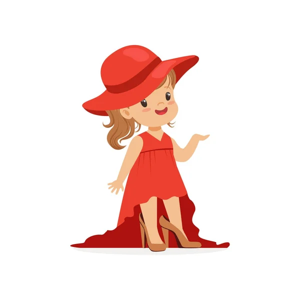 Belle fille portant dult surdimensionné élégante robe rouge et chapeau, enfant prétendant être vecteur adulte Illustration — Image vectorielle